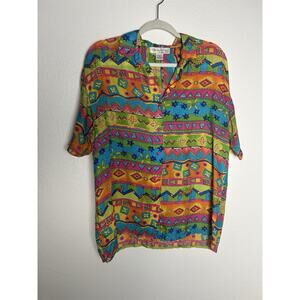 Women’s Vintage Oscar De la Renta 100% Silk Art Deco Geometric Button Down Sz M